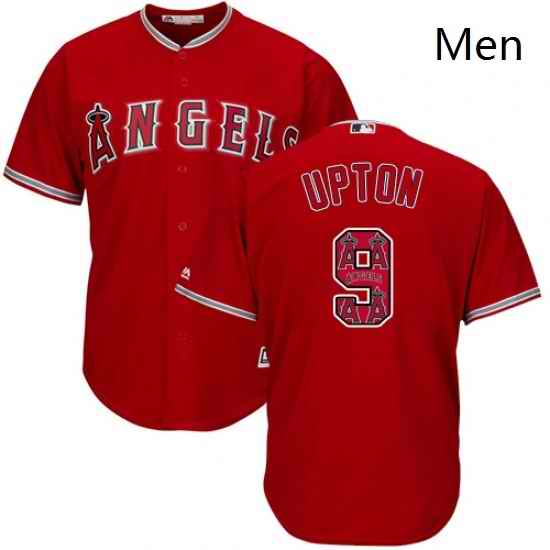Mens Majestic Los Angeles Angels of Anaheim 9 Justin Upton Authentic Red Team Logo Fashion Cool Base MLB Jersey